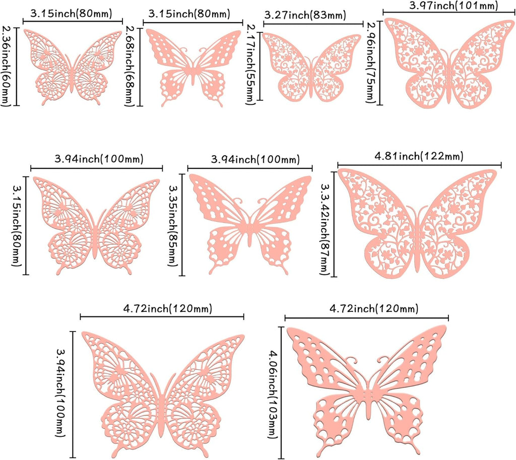 Gyufise 36 Pack Pink Glitter 3D Cupcake Toppers - Hollow Butterfly Cake Decorations for Birthday Wedding Fairy Party - Wall Sticker Decal for Background Wall Decoration