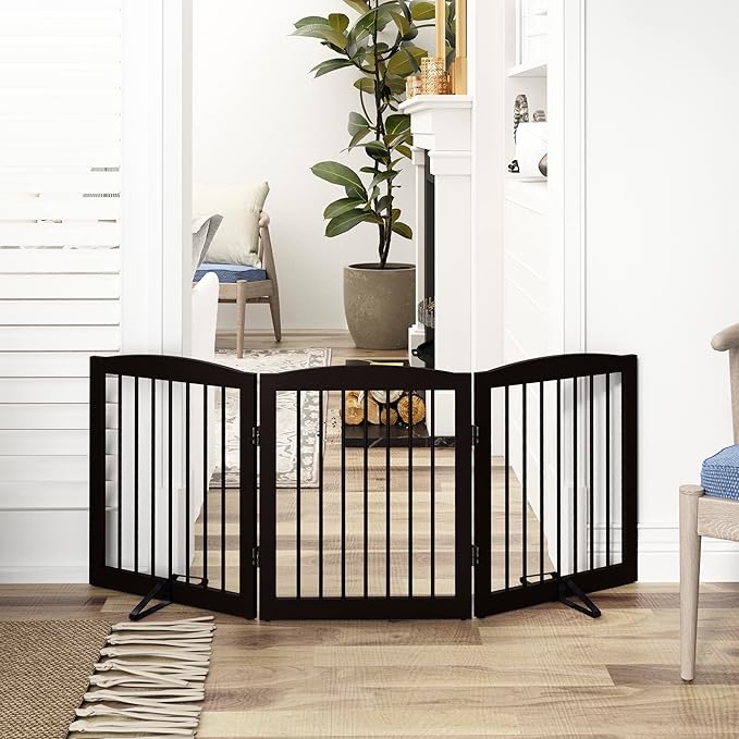 Freestanding Pet Gate for Dogs, Foldable Wooden Dog Gate for House, Indoor Dog Gate for Doorways, Stairs, Gates for Dogs Indoor, Support Feet Included, 24" Height 3 Panels, Brown-PawvioPets
