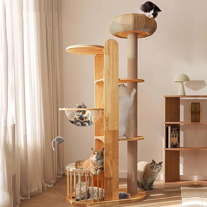 75 inch Cat Tree Tower for Indoor Cats Large Adult, Modern Big Cat Climbing Tower, Tall Cats Post, Corner Wood Cute Cat Condo with Sisal Scratching Posts-PawvioPets