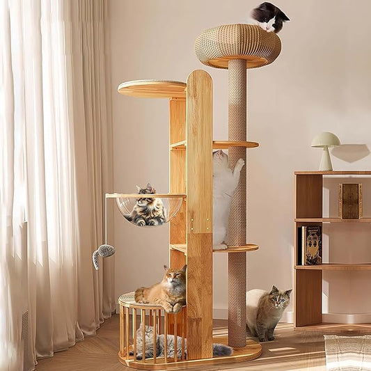 75 inch Cat Tree Tower for Indoor Cats Large Adult, Modern Big Cat Climbing Tower, Tall Cats Post, Corner Wood Cute Cat Condo with Sisal Scratching Posts-PawvioPets