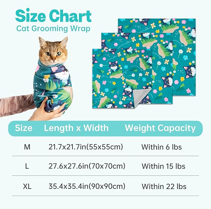 Cat Grooming Wrap, Cat Wrap for Cutting Nails, Self-Adherent Fabric Wrap for Cats, Cat Burrito Wrap Anti-Scratch, Anti-Escape, Multifunctional Swaddle Wrap Pet Tool 21.6×21.6"-PawvioPets