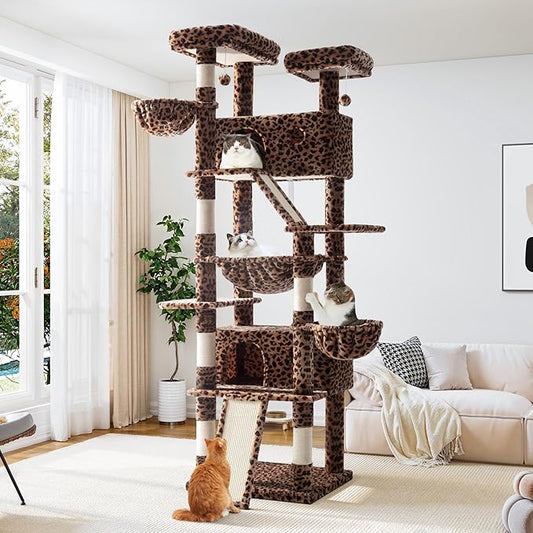 Allewie 81 Inches Tall Cat Tree/Multi-Level Large Climbing Tree House and Towers for Big Feline/Condo and Hammock/Scratching Post/Wide Base/Leopard Print-PawvioPets