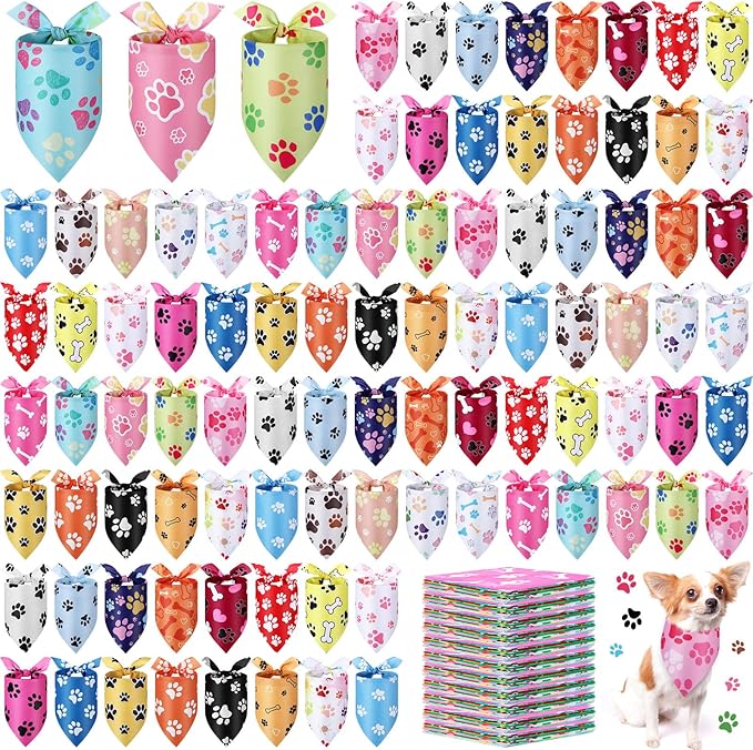 Abbylike 200 Pcs Paw Print Dog Bandanas Bulk Soft Triangle Scarves for Pets Party Costume Doggie Walking Photo Props Bibs for Pets Shops Grooming Groomers Adoption Events Halloween Party Gifts-PawvioPets