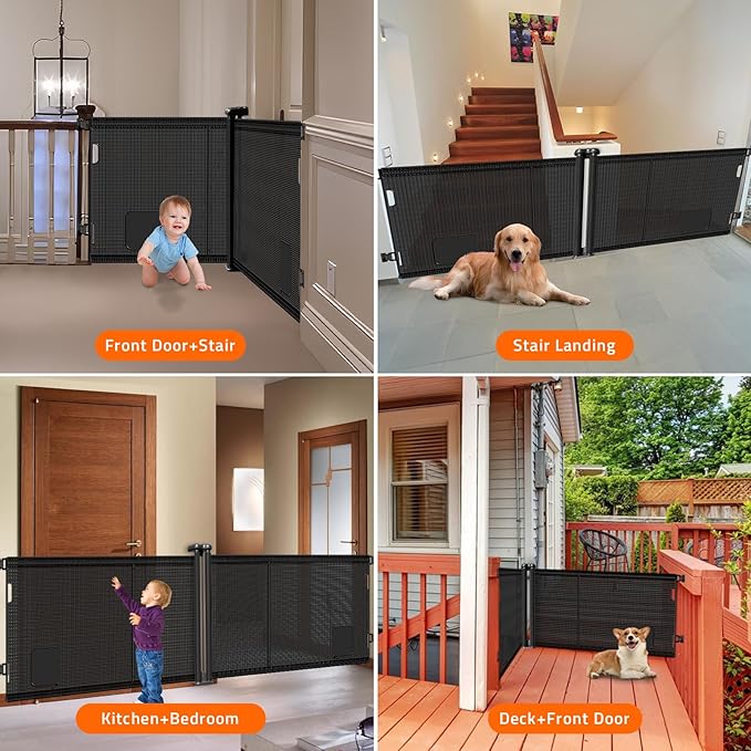 2-in-1 Retractable Baby Gates, 41" Tall Mesh Dog Gate with Cat Door 1-Pack, One Side Up to 71" Wide, Total 142" Wide, Long Retractable Pet Gate for Stairs Landing Indoor Outdoor-Black-PawvioPets