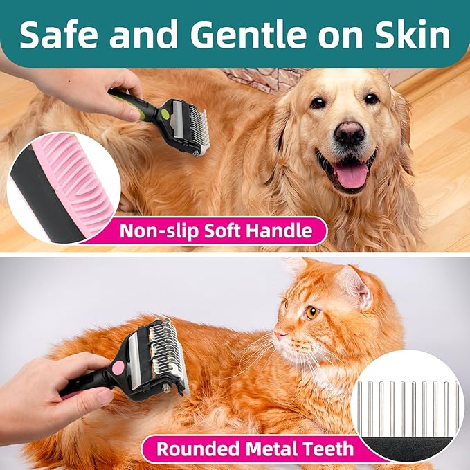 3-IN-1 Pet Grooming Tool - Undercoat Rake, Dematting Comb & Deshedding Brush for Cats & Dogs - Removes Mats, Tangles & Loose Fur, Reduces Shedding & Prevents Hair Mess (Pink)-PawvioPets