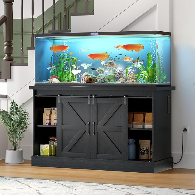 55-75 Gallon Fish Tank Stand with Sliding Barn Doors & Power Outlet, Heavy Duty Aquarium Stand with Cabinet Storage for Fish Tank, Turtle Tank, Reptile Terrarium, 1000LBS Capacity, Black-PawvioPets