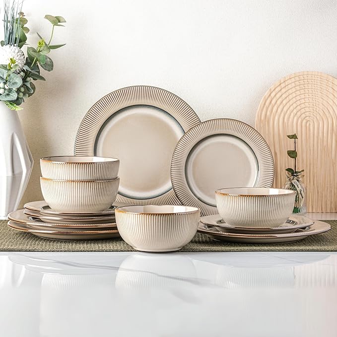 GBHOME Ceramic Dinnerware Sets,12 pcs Embossed Elegant Stoneware Plates and Bowls Sets, Housewarming Wedding Gift | Dishwasher & Microwave Safe | Dishes Set Service for 4-PawvioPets
