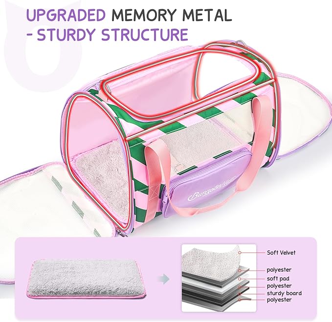 BurgeonNest Cat Carrier, Dog Cat Carriers for Large Medium Cats Under 20 lbs, Soft Sided Pet Carrier, Collapsible Travel Carry Puppy Kitten Cat Carrier with Big Side Bag (Medium, Pink-Green)-PawvioPets