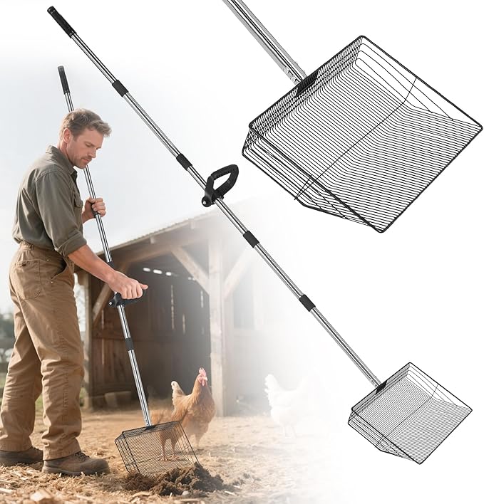 15" Widely Chicken Coop Poop Scooper- Ergonomic Chicken Poop Scooper with 38" to 77" Adjustable Long Handle, Extra-Large Scoop for Sand and Litter, Easy-to-Clean, Multi-Scene Use for Poultry-PawvioPets