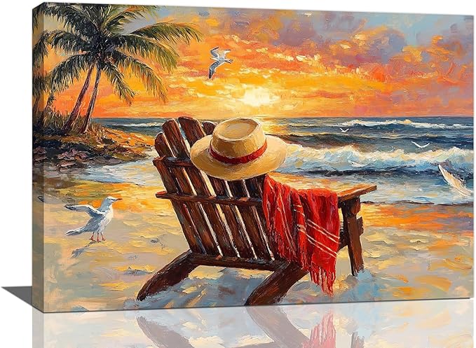 Beach Coastal Bathroom Pictures Wall Art, Seaside Ocean Bathroom Wall Decor, Sunrise Palm Framed Painting Canvas Artwork for Bedroom Living Room Decorations 24"L x 16"W-PawvioPets