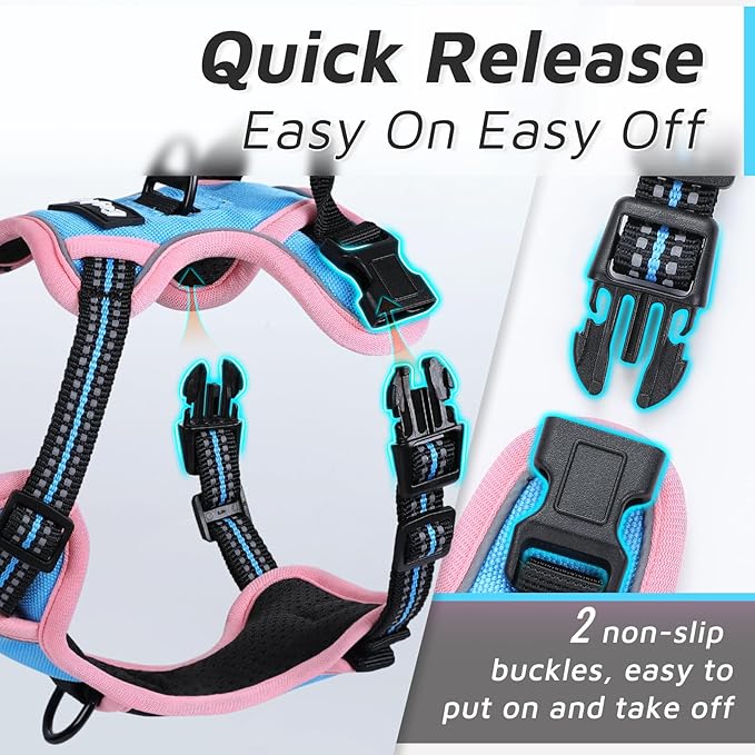 Eagloo Small Dog Harness No Pull, Service Vest with Reflective Strips and Control Handle, Adjustable and Comfortable for Walking, No Choke Pet Harness with 2 Metal Rings, Pink & Blue, XS-PawvioPets