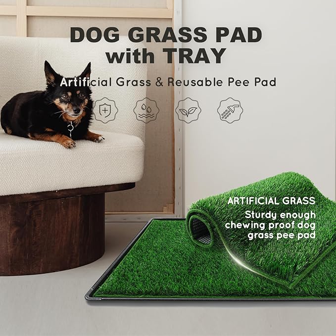 Dog Grass Pad with Tray Large 34’’×23’’, Ultra-Absorbent Artificial Grass Pad for Dogs Potty Grass Hemmed Edge for Indoor Potty Training, Reusable Dogs Pee Pads, Dog Litter Box for Balcony-PawvioPets