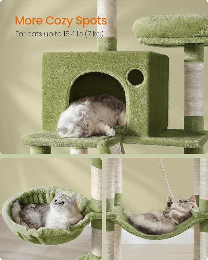 Feandrea Cat Tree, 81.1-Inch Large Cat Tower with 13 Scratching Posts, 2 Perches, 2 Caves, Basket, Hammock, Pompoms, Multi-Level Plush Cat Condo for Indoor Cats, Green UPCT190C01-PawvioPets