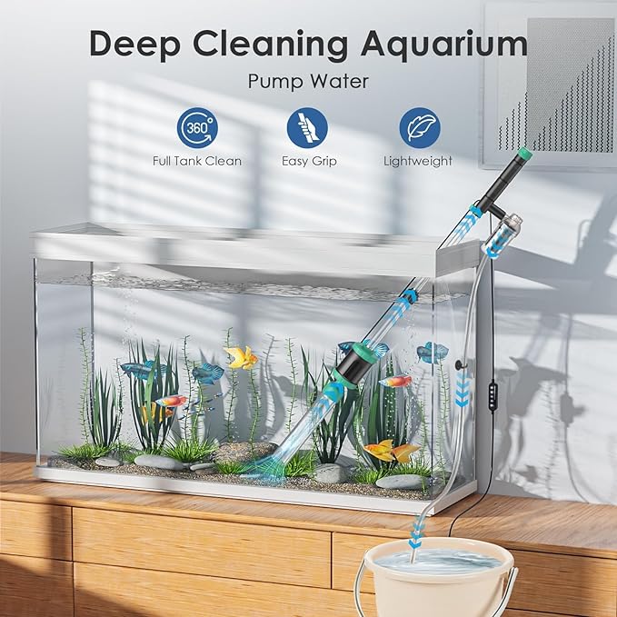 AKKEE Aquarium Vacuum Gravel Cleaner, 8 in 1 Multifunctional 36W Fish Tank Gravel Cleaner Vacuum for Water Changer Wash Sand Water Filter Circulation Waterproof Aquarium Vacuum Cleaner Timed Off-PawvioPets