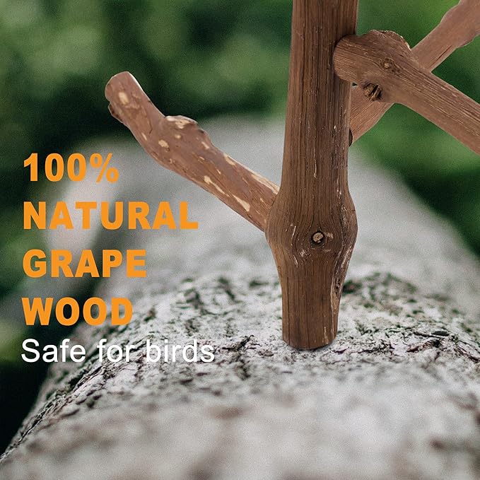 Bird Perch Stand Toy, Natural Grapevine Wood Parrot Perch Bird Cage Branch Accessories for Parakeets Cockatiels Conures Macaws Finches Love Birds(9.8" Length)-PawvioPets