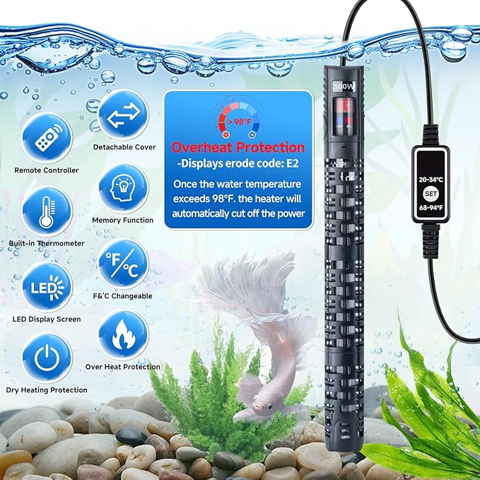 Aquarium Heater Submersible Fish Tank 500W& Turtle Tank Heater with External Adjustment Controller, Included Thermometer, LED Display, Overheat Protection, Detachable Cover, for Saltwater&Freshwater-PawvioPets