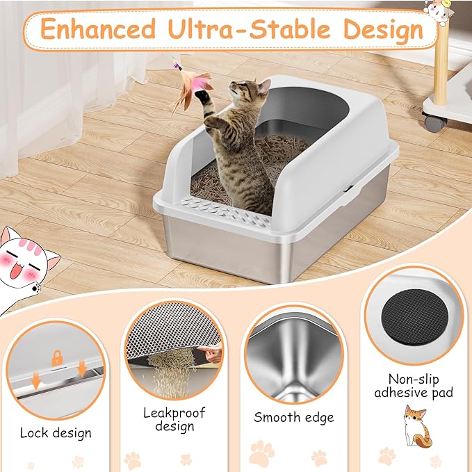 2 Pack Stainless Steel Litter Box, 24'' XL Extra Large Cat Litter Box with Lid, Metal Litter Boxes for Multiple Cats, Anti-Leakage,Non-Stick, Easy to Clean, Included Cat Litter Mat, Scoop-PawvioPets