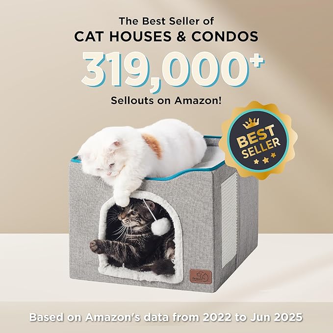 Bedsure Cat Beds for Indoor Cats - Large Cat Cave for Pet Cat House with Fluffy Ball Hanging and Scratch Pad, Foldable Cat Hideaway, 16.5x16.5x13 inches, Grey-PawvioPets