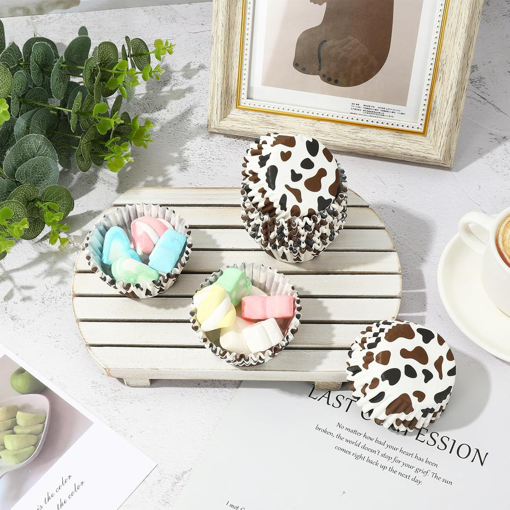 Whaline 300Pcs Cow Print Paper Baking Cups Black Brown Cupcake Liners Highland Cow Spot Muffin Liner Farm Animal Cake Paper Cups Storage Container for Party DIY Craft, 2x1.2 Inch