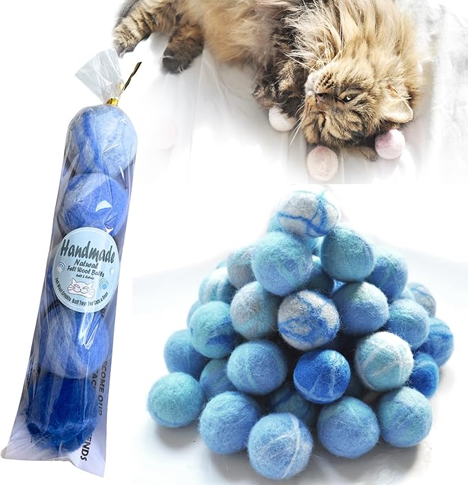 Felt Wool Cat Toys Ball with Catnip and Bell, Natural Handmade (Baby Blue (5 Units))-PawvioPets