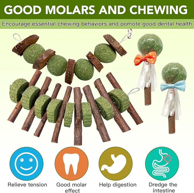 3 Pcs Bunny Chew Toys with 3 Pcs Rabbit Chew Lollipop for Teeth Grinding, Improve Dental Health, Treats for Rabbits Guinea Pigs Chinchillas Bunnies Hamsters-PawvioPets