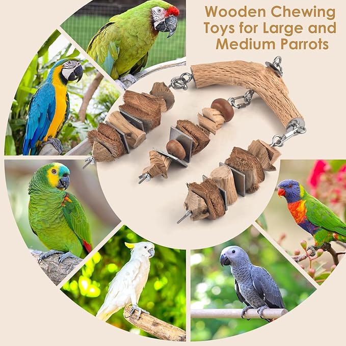 Bird Parrot Toys, Large Birds Wooden Chew Blocks with Stainless Steel Cage Hanging Bite Toy for Macaws, African Greys, Cokatoos, Amazon Parrots and Small Medium Parakeets-PawvioPets