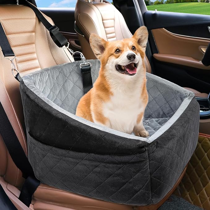 Dog Car Seat for Small Dogs,Detachable Washable Dog Booster Seat Under 30lbs, Pet Car Seat Travel Bed with Storage Pockets and Dog Safety Belt (Black/Grey)-PawvioPets