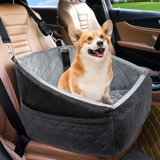 Dog Car Seat for Small Dogs,Detachable Washable Dog Booster Seat Under 30lbs, Pet Car Seat Travel Bed with Storage Pockets and Dog Safety Belt (Black/Grey)-PawvioPets