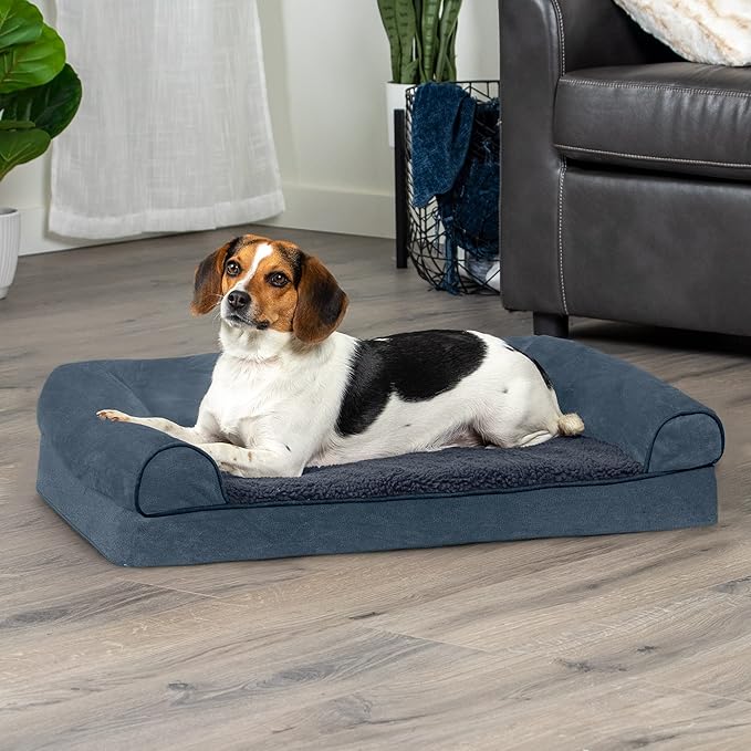 Furhaven Orthopedic Dog Bed for Medium/Small Dogs w/ Removable Bolsters & Washable Cover, For Dogs Up to 35 lbs - Sherpa & Chenille Sofa - Orion Blue, Medium-PawvioPets