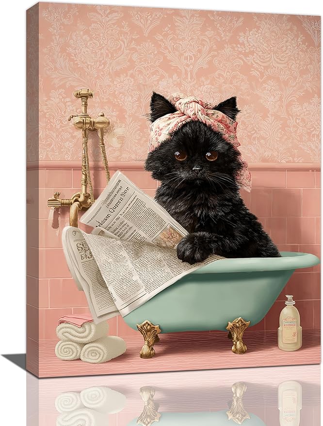 Cat Bathroom Wall Decor Black Cat Reading Newspaper in Bathtub Canvas Wall Art Funny Bathroom Pictures Kitten Painting Print Pink Artwork Framed Decorations Gifts 12"x16"-PawvioPets