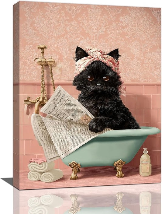 Cat Bathroom Wall Decor Black Cat Reading Newspaper in Bathtub Canvas Wall Art Funny Bathroom Pictures Kitten Painting Print Pink Artwork Framed Decorations Gifts 12"x16"-PawvioPets