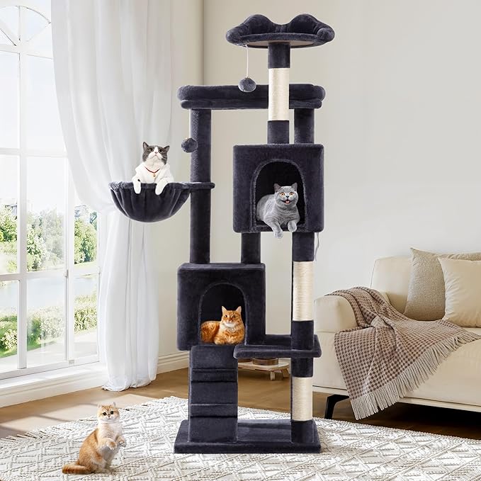 Allewie 64 Inches Cat Tree Tower/Multi-Level Activity Center for Indoor Big Felines/2 Plush Condos/2 Perchs/Basket/House/Sisal Scratching Posts/Hanging Cat Toys/Dark Grey-PawvioPets