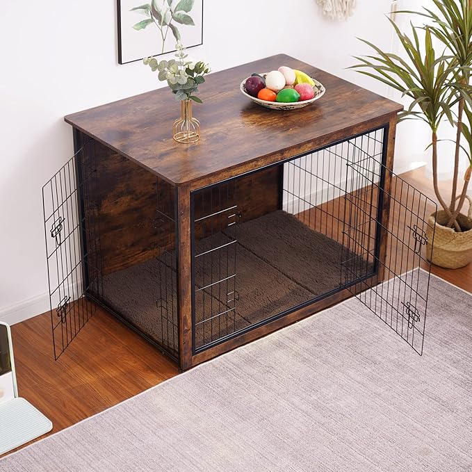 DWANTON Dog Crate Furniture with Cushion, Wooden Kennel Table with Double Doors, Indoor Dog House, Extra Large Size, 43.3" L, Rustic Brown-PawvioPets