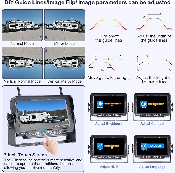 Dual RV Backup Cameras Wireless - Ease Install Plug-Play Recording HD 1080P 7'' Touch Key Monitor Trailer Truck Rear View Cam Night Vision Signal No-Delay 4 Channels for Furrion Pre-Wired Mount-PawvioPets