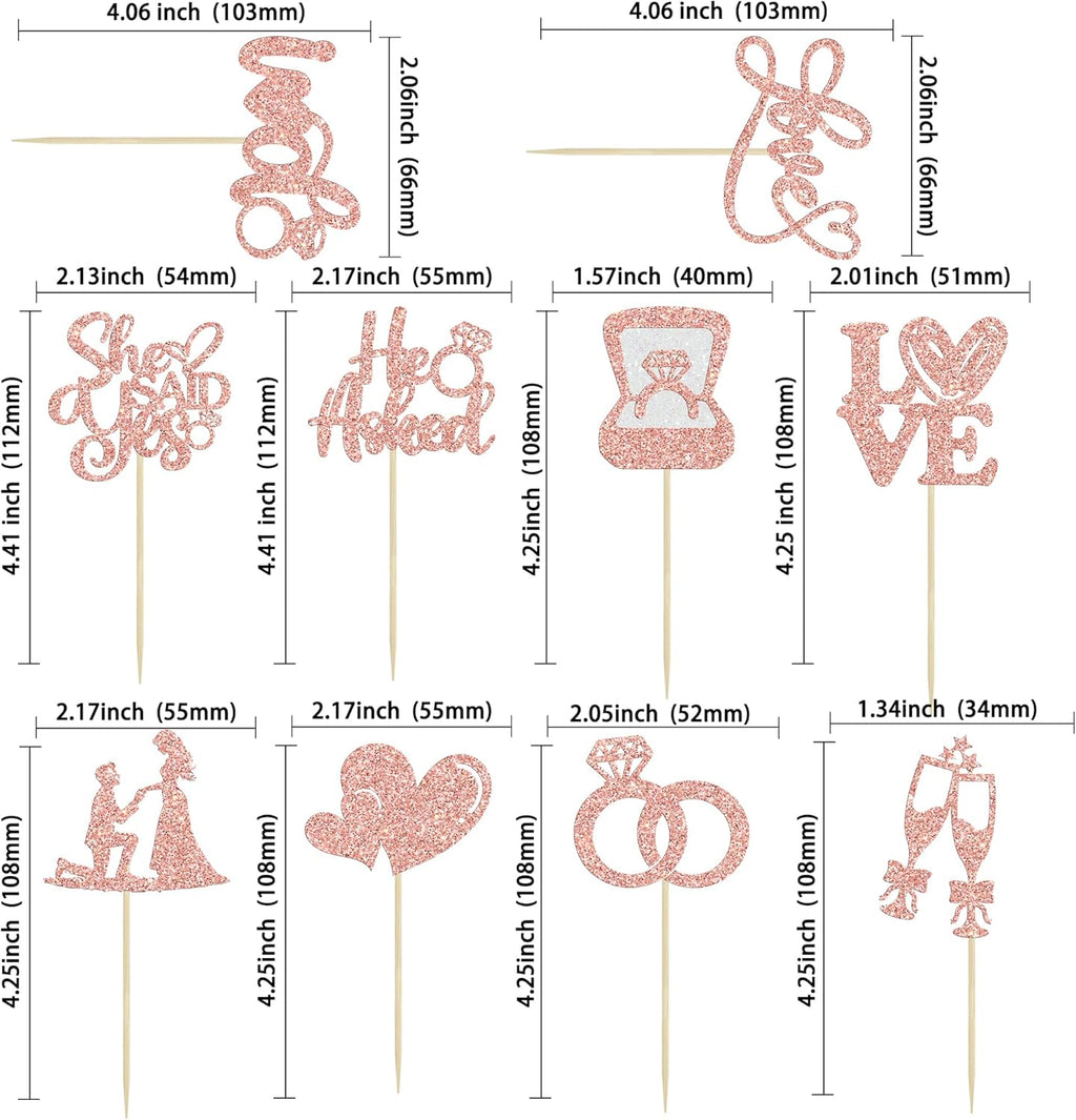 Ephlyn 30Pcs He Asked She Said Yes Cupcake Toppers Glitter Engagement Cupcake Toppers Diamond Ring Heart Love I Do Cupcake Picks for Engagement Wedding Party Cake Decorations Rose Gold