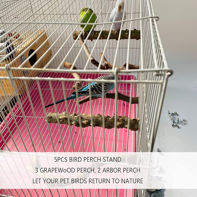 Allazone 5 PCS Natural Wooden Parrot Stand Bird Perch Stand Grape Stick Hanging Multi Branch Perch for Parrots, Bird Cage Accessories-PawvioPets