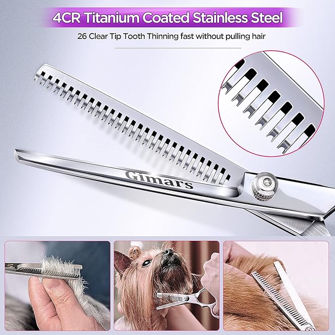 Gimars Professional 4CR Stainless Steel 6 in 1 Grooming Scissors for Dogs with Safety Round Tip, Heavy Duty Titanium Coated Pet Grooming Scissor for Dogs, Cats and Other Animals-PawvioPets