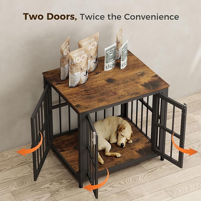 26 Inch Heavy Duty Wooden Dog Kennel End Table with Double Door Design and Secure Locks, Indoor Pet Crate Furniture for Small Dogs, Decorative Home Cage Design,Aged Black-PawvioPets