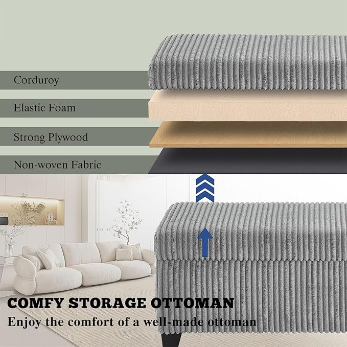 48" Ottoman with Storage, Corduroy Storage Ottoman Bench for Bedroom, End of Bed Bench with Safety Hinge for Living Room, Bedroom, Entryway, Grey-PawvioPets