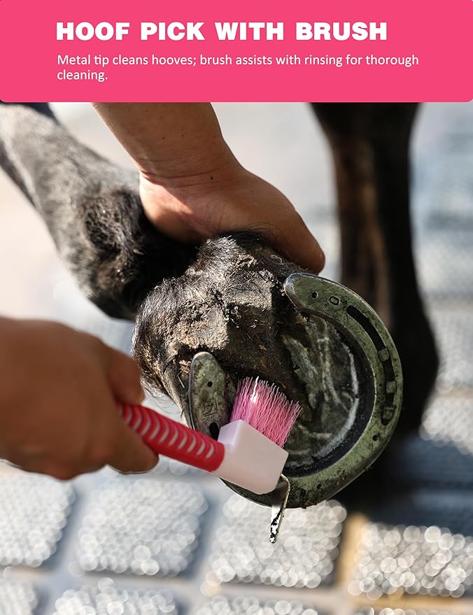 9PCS Horse Grooming Kit Curry Comb Sweat Scraper Horse Bathing Supplies Grooming Tools with Storage Bag Pink Garnet-PawvioPets