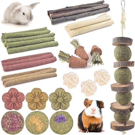 ERKOON Bunny Toys Boredom, 42 PCS Bunnies Timothy Hay Sticks Carrots Rose Grass Cake Dental Care, Molar, Chinchillas Toy Chew Toy, Guinea Pigs, Hamsters, Chinchilla, Rabbit Chew Toys for Teeth-PawvioPets
