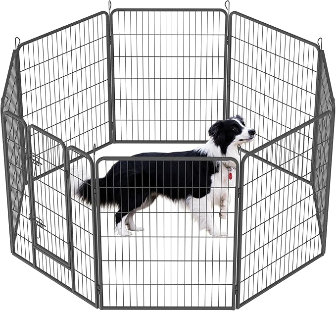 Dog Playpen, Outdoor Dog Fence, 8 Panels, 40" H Dog Pen for Medium/Small Dogs, Heavy Duty Metal Pet Fence with Gate, Portable Dog Fence for RV Camping and Yard (Black)-PawvioPets