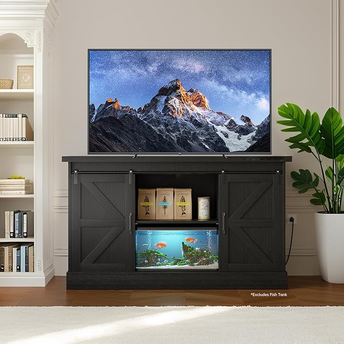 55-75 Gallon Fish Tank Stand with Sliding Barn Doors & Power Outlet, Heavy Duty Aquarium Stand with Cabinet Storage for Fish Tank, Turtle Tank, Reptile Terrarium, 1000LBS Capacity, Black-PawvioPets