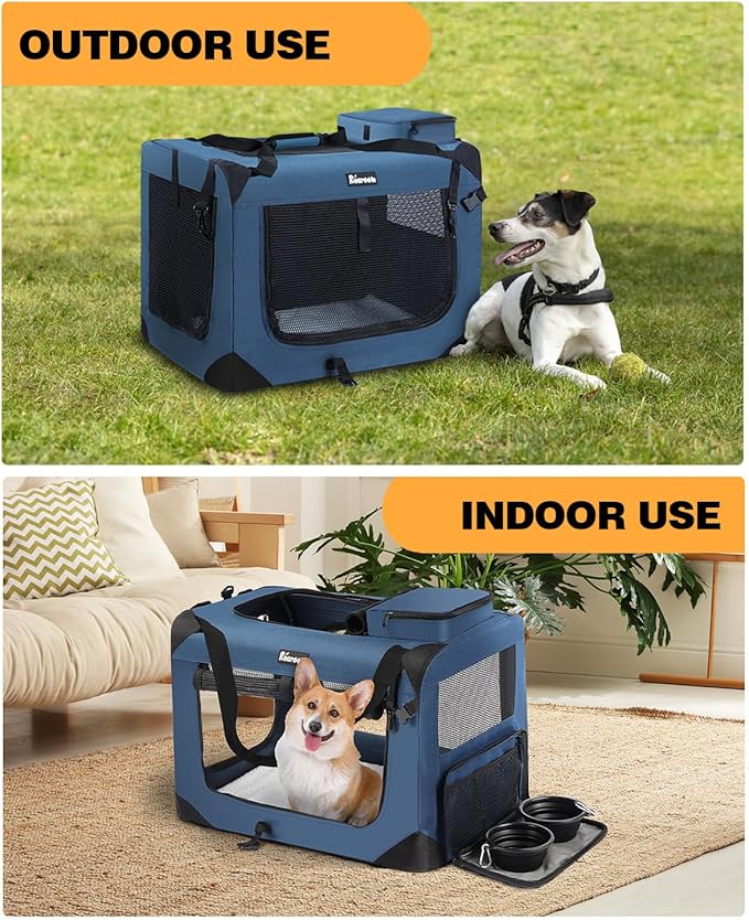 Extra Large Dog Crate with 2 Foldable Bowl, 36 Inch Collapsible Travel Dog Crate Kennel with Soft Blanket for Medium Dogs,Indoor & Outdoor (36" L x 25" W x 25" H, Navy)-PawvioPets