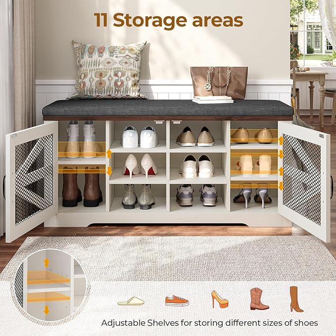 Farmhouse Storage Bench with Cushion, Metal and Wood Shoe Rack Organizer, Adjustable Shelf, Shoe Cabinet with Half Hidden Storage Space, for Entryway, Bedroom, Living Room (Old White, 43.3in)-PawvioPets