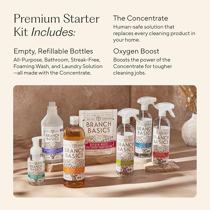 Branch Basics Premium Starter Kit: All Purpose, Glass, and Bathroom Cleaner plus our Foaming Wash, and Laundry Bottle (3 Plastic Spray Bottles + Concentrate) Fragrance-Free-PawvioPets