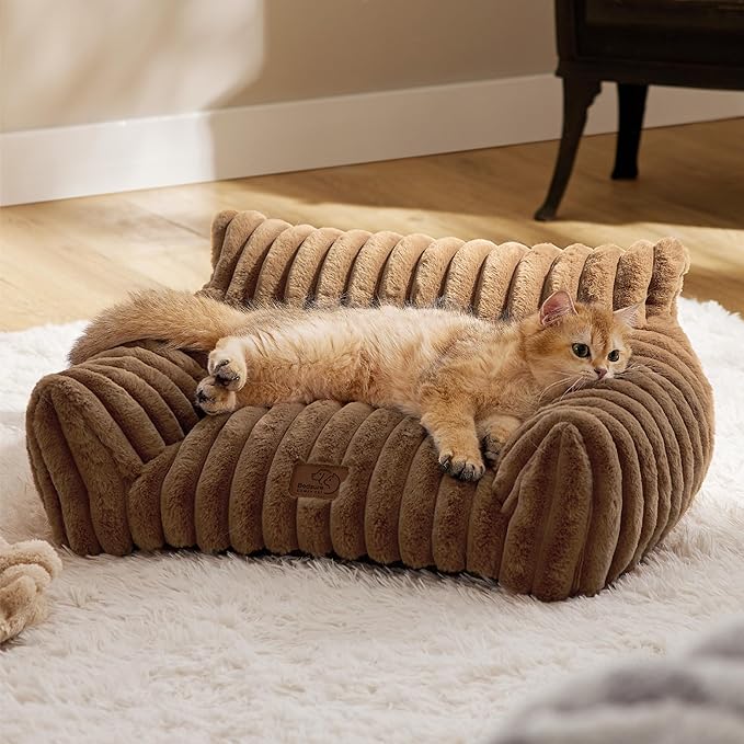 Bedsure Cute Cat Couch for Pets - Fluffy Cat Sofa with Premium Soft Corduroy Fleece, Fuzzy Pet Couch Bed with Removable Washable Cover, Supportive Pet Chair for Indoor Cats, 24inch, Copper Brown-PawvioPets