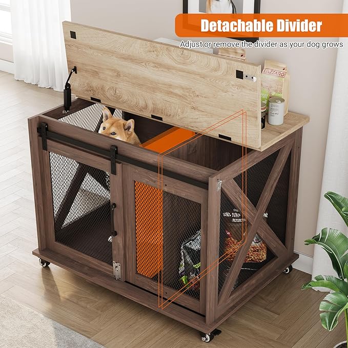 Dog Crate Furniture,37 Inch Indoor Dog Cage with Sliding Barn Door, Flip Top Dog Kennel End Table with Removable Divider, Farmhouse Wooden Pet House for Small to Middle Size Dogs-PawvioPets