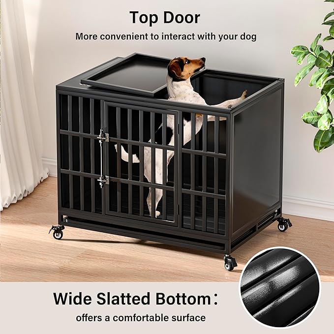 38 inch Heavy Duty Dog Crate with Self-Locking Latch, Indestructible Steel Large Kennel with Enclosed Design, Chew-Proof and Escape-Proof Pet Cage for High Anxiety Dogs-PawvioPets