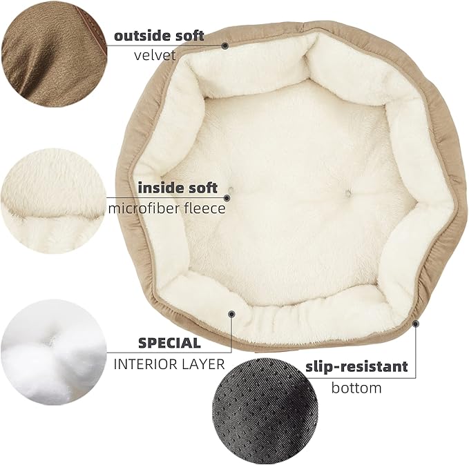 Asvin Small Dog Bed for Small Dogs, Cat Beds for Indoor Cats, Pet Bed for Puppy and Kitty, Extra Soft & Machine Washable with Anti-Slip & Water-Resistant Oxford Bottom, Light Brown, 20 inches-PawvioPets